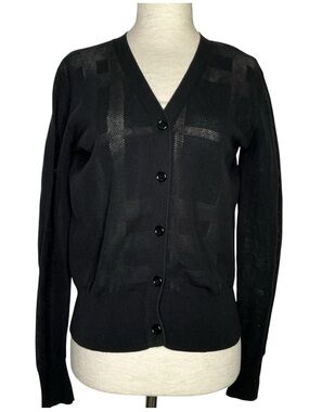 Burberry London Black V-Neck Button Front Women's Knit Cardigan Cotton Sz Large